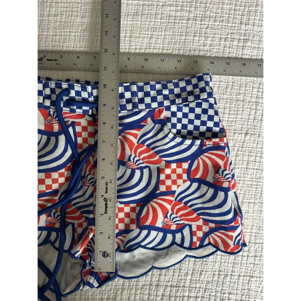 Farm Rio x Anthropologie Tie-Front Scallop-Hem Shorts XS Blue Orange Check
